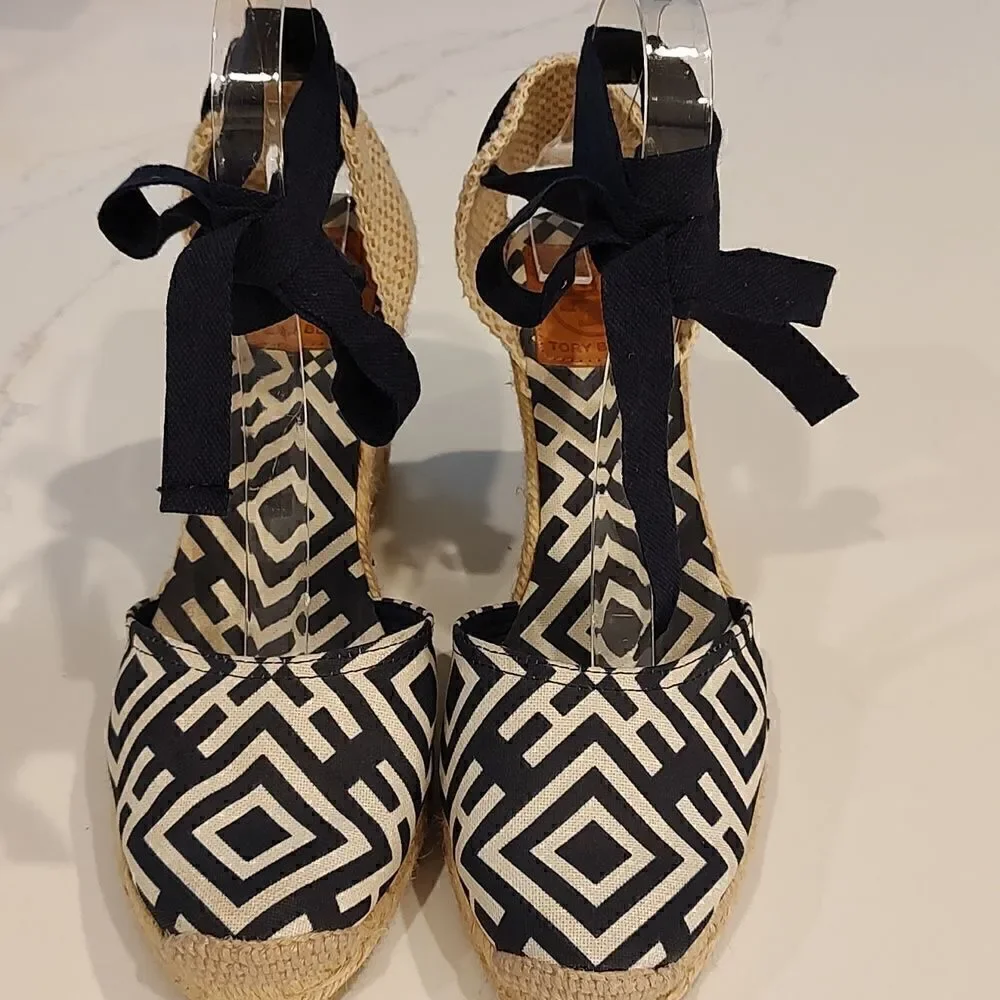 Tory Burch Geo Print Platform Wedge Espadrilles Navy White Boho Sandals